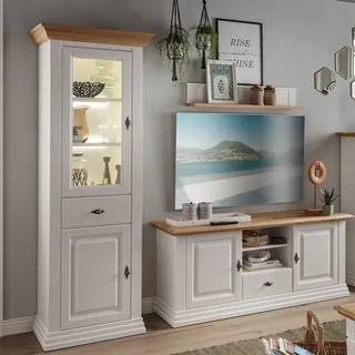 Wohnwand weiß ESBJERG-69 Landhausstil in Kiefer weiß lackiert mit Eiche massiv 3-teilig - Weiß