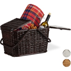 Bild Picknickkorb mit Deckel, geflochten, Stoffbezug, Henkel, großer Tragekorb, handgefertigt, Rattan, Schokobraun