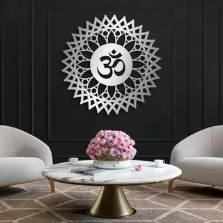 Wanddeko aus Metall, Om-Mandala-Motiv, Om, Mandala, Namaste-Zeichen, Yoga-Dekoration, zum Aufhängen im Wohnzimmer oder Yogaraum (23" x 23" | 60 x 60 cm, Silber)