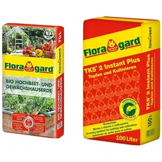 Floragard Bio Hochbeet- und Gewächshauserde, 70 liters, Braun & TKS 2 1 x 100 L - Universalerde für Gemüsepflanzen - Geheimtipp für Chilipflanzen - auch für Grünpflanzen