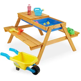 Relaxdays Kindersitzgruppe Holz, 2in1 Spieltisch & Matschküche, Picknicktisch für Garten, HxBxT: 50 x 89 x 86 cm, Orange