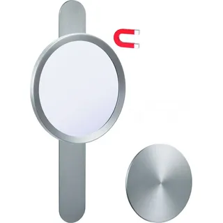 DEUSENFELD KM5EG - Echt Edelstahl Magnet Kosmetikspiegel mit 2 selbstklebenden Wandplatten, Klebespiegel, magnetisch abnehmbar, Ø15cm, 5x Vergrößerung, matt gebürstet - Silber