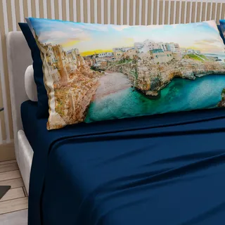 PETTI Artigiani Italiani - Bettwäsche aus Baumwolle mit Kissenbezügen mit Digitaldruck, Bettlaken für Einzelbett, Bettwäsche-Set Polignan im Meer Nachtblau, 100% Made in Italy
