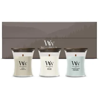 WoodWick Duftkerzen Geschenkset | Woody Hourglass Duftkerzen mit knisternden Dochten | Geschenkbox | 3 Stück