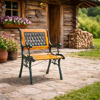 Gusseisen Gartensessel Gartenstuhl Outdoorstuhl Holz Natur bis120Kg - Schwarz, Braun