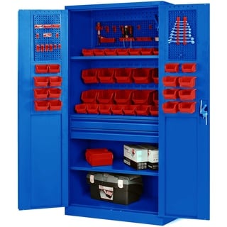 Jan Nowak Werkzeugschrank TC02AM Werkstattschrank mit Schubladen Flügeltüren Metallschrank 3 Fachböden Pulverbeschichtung 185 cm x 92 cm x 50 cm (Blau)