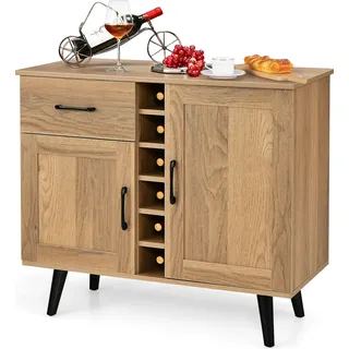 COSTWAY Sideboard mit Weinregal für 6 Flaschen, Kommode auf Rollen mit ausziehbarer Schublade und verstellbaren Regalen, Buffetschrank Küchekommode Weinschrank 90x40x79cm, natur - Naturbelassen