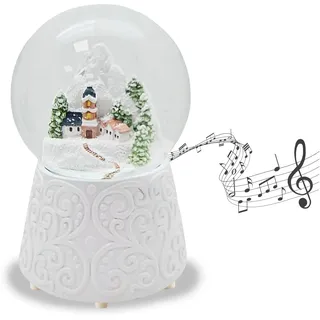 Schneekugel Weihnachten Spieluhr | Bergdorf Kirche | Ornament Sockel weiß | Höhe 140mm Breite 100mm | Musik | 20293