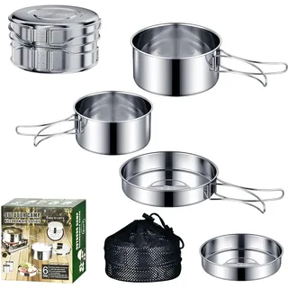 Logei Camping Kochgeschirr Set,Camping Geschirr Set 304 Edelstahl Kochtopf mit Pfanne Outdoor Kochgeschirr Tragbar,Faltbare Besteck Outdoor Topfset Stapelbar Picknick Topf für Wandern Picknick,Reisen