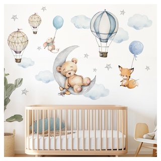 DEKO KINDERZIMMER Wandsticker Tiere Bär Fuchs Kinderzimmer Wandtattoo Heißluftballons Wandaufkleber Mond Wolken Sterne Babyzimmer Wanddeko DK1062-4