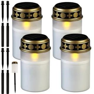 4er Pack Solar LED Grablicht Mit Erdspieß - Grabkerze für Den Außenbereich, Grabdeko, Erinnerung, Andenken (Weiß)