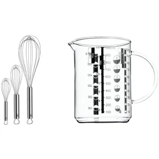 WMF Profi Plus Schneebesen Set 3-teilig, Cromargan Edelstahl teilmattiert & Gourmet Glas Messbecher 1l, hitzebeständiges Glas, Skalierung für Liter, Milliliter, Tassen und Gramm