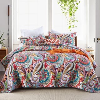 Qucover Tagesdecke 220x240cm Baumwolle Boho Stil Bettüberwurf für Doppelbett Bunte Gesteppte Decke für Sommer 230x250cm mit 2 Kissenbezügen Set Paisley