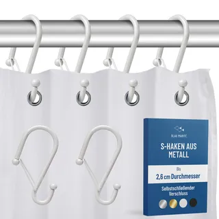 Blau Marité 12 Metall-Duschvorhanghaken in S-Form mit Anti-Fall-System, Duschvorhangringe mit Sicherheitsverschluss, Geeignet für Stangen bis 2,6 cm Durchmesser (S, Weiß)