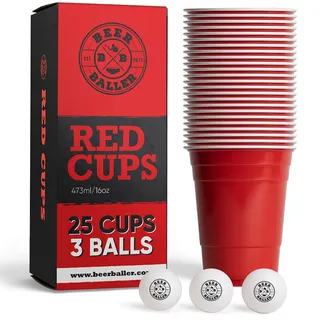 BeerBaller Party Becher Set - 25 Red Cups & 3 Bälle | spülmaschinenfest & wiederverwendbar | 473ml - 16oz Partybecher | rote Party Cups | Original American Party Becher