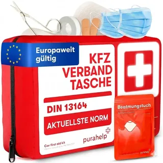 PURAHELP® Verbandskasten Auto inkl. Beatmungstuch [DIN 13164] - Erste Hilfe Set Auto StVO Konform für 2026 - KFZ Verbandskasten & Sanikasten Unterwegs - Notfallset Kompakt - First Aid Kit Car