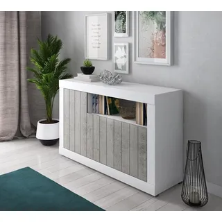 Dmora - Modernes Sideboard mit 3 Türen, Küchenbuffet, Sideboard mit Regalen und Regalen, Wohnzimmer TV-Ständer, 138x42xh86 cm, Weiß und Zementfarbe