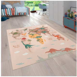 Paco Home Kinderteppich »Bino 583«, rechteckig, 4 mm Höhe, Spielteppich, Motiv Weltkarte & Dinosaurier, Kinderzimmer beige