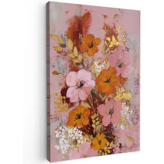 MuchoWow Leinwandbild Malerei - Blumen - Rustikal - Rosa Deko Groß 90x140 cm , Altrosa , Textil , Kiefer , Rechteckig , 90x140 cm , FSC 100% , gerahmt , Bilder & Rahmen, Bilder, Leinwandbilder