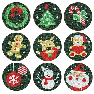 YAOYIN Diamond Painting Untersetzer Weihnachten, 9er Set DIY Erwachsene Mit Halter, 5D Kinder, Bastelset, Für Weihnachts Geschenk