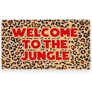Fisura – Fußmatte “The Jungle” aus Kokosnuss mit Rutschfester PVC-Basis. Handbemalte Innenmatte in Leopardenmuster. Türmatte mit lustigem Spruch. 70 x 40 cm.