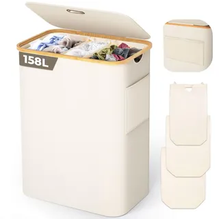 OUSFOT Wäschekorb mit Deckel 3 Fächer 158L Wäschesammler aus 600D Oxford-Gewebe mit Abnehmbarem Wäschesack, Netztasche auf der Rückseite Wäschebox Wäschesortierer Wäschetonne Laundry baskets Beige