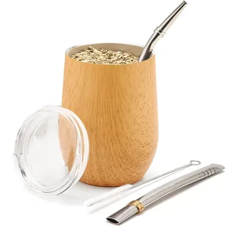 balibetov - Neu - Modernes Yerba Mate Gourd Set (Mate Tasse) - Doppelwandiger 18/8 Edelstahl Enthält zwei Bombillas und eine Reinigungsbürste (HELLES HOLZ, 355 ml)
