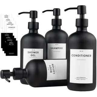 MONOKO 4er Set Seifenspender Matt aus Glas | Shampoo Flaschen zum Befüllen | Spülmittelspender Küche | Spender Pumpkopf Edelstahl | Pumpflasche + Aufkleber (schwarz-500)