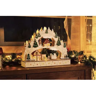 ITO Electronics Weihnachtlicher Schwibbogen mit fahrenden Zug mit LED Kerzen und Timerfunktion, Weihnachtsdekoration, Holzdesign mit Winterszene, Beleuchteter Lichterbogen