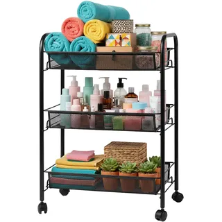 Relaxdays Rollwagen, 3 offene Ebenen, Metall, HxBxT: 62,5 x 43,5 x 26 cm, 4 Rollen, Küche, Bad, Beistellwagen, schwarz