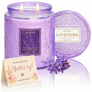 Lavendel Duftkerze im Glas für Muttertag – Handgegossen aus natürlichem Sojawachs, Doppeldocht, Sanfter Lavendel Duft, Lila Glas – Perfekte Geschenkidee für Frauen, Ideal für Muttertag