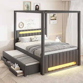 Flieks Jugendbett 140x200cm mit Ausziehbett und 3 Schubladen, Holzbett Himmelbett mit Led und Lattenrost, Polsterbett Leinen, Grau - Grau