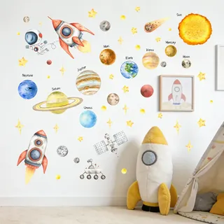 Pomodee Wandtattoo Planeten Weltall Wandaufkleber Raketen Sonnensystem Astronaut Raumschiff Wandsticker für Babyzimmer Jungen Kinderzimmer und Spielzimmer Wanddeko