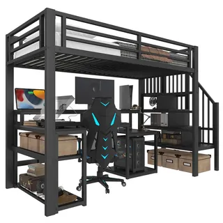 Stilvora Hochbett 90/200 cm in Schwarz mit Schreibtisch, Regal, Treppe mit Stauraum, LED und Usb , Metall, Holzwerkstoff , 7 Fächer , 90x200 cm , Babymöbel & Kindermöbel, Kinderzimmer & Jugendzimmer, Kinderbetten, Hochbetten