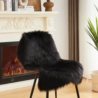 JXLOULAN Faux Fell Teppich Schwarz 60x90 cm, Longhair Schaffell Flauschiger Teppiche Lammfell Fellteppich Waschbar Wohnzimmer Deko Teppich für Kinderzimmer Wohnzimmer Schlafzimmer