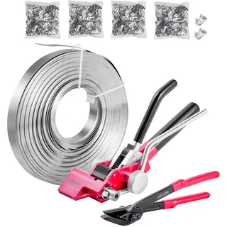 Vevor 4 tlg Stahlband Umreifungsset, manuelle Umreifungsgerät mit 122 m Metallband, 400 Metallklammern und Schneider, pefekte Werkstattausstattung für industrielle Verpackung, Transport und Lager