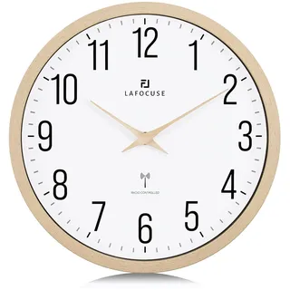 Lafocuse 30CM Funk Wanduhr mit Holz Zeiger, Hohe Genauigkeit Funkuhr Beige, Einfach zu Lesen Modern Wanduhren Deko für Küche Wohnzimmer Büro Schule