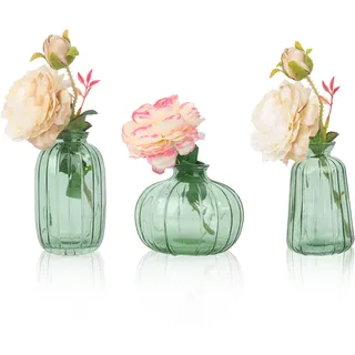 3 Stück Kleine Vase Grün für Tischdeko Mini Glasvase Set für Tischdeko Hochzeit