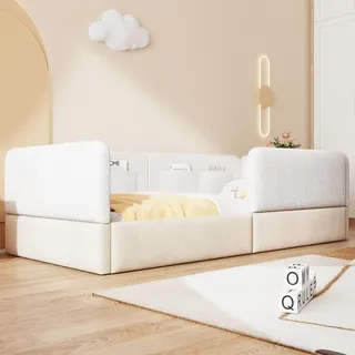 MODFU gepolstertes Plattformbett Kinderbett 90x200 mit Schutzgitter und 4 Aufbewahrungstaschen Einzelbett für das Kinderzimmer geeignet ohne Matratze Weiß - Weiß