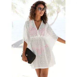 Longbluse LASCANA, Damen, Gr. 40, weiß, Spitze, Obermaterial: 95% Polyester, 5% Elasthan, transparent, unifarben, figurumspielend Po-bedeckend, tiefer V-Ausschnitt, Fledermausärmel, Blusen Longbluse, aus Lochspitze, lockeres Blusenkleid, Tunika, Topseller
