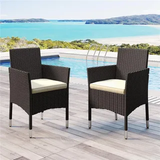 Yaheetech 2er Set Gartenstuhl aus Polyrattan, inkl. Sitz- & Rückenpolster, Gartenmöbel Set mit 2 Sessel, wasserabweisend & waschbar, Braun & Beige - Braun, Beige
