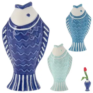 Vase Fisch 3er Set 'Blütenfisch' | 5x15x8cm Steingut hellblau türkis hellblau | Blumenvase Dekovase Fischform | Kleine Keramikvase für Blumen (1 x 3er Set Vase15cm)