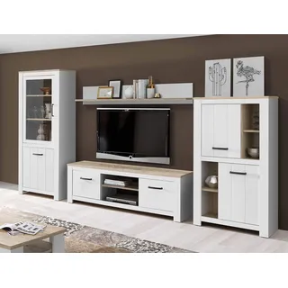 FORTE Elara Wohnwand mit 5 Türen und 1 Glastür, Holzwerkstoff, Weiß matt / Bianco Eiche, 344 x 185 x 42 cm.