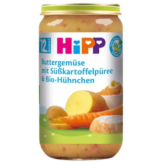 HiPP Buttergemüse mit Süßkartoffelpüree und Bio-Hühnchen (6 x 250g), Kindermenü ab 12 Monaten, salzarm, stückig zum Kauenlernen, mit Omega-3