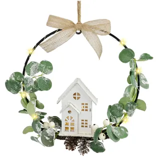 Dekorierter Metallring 22 cm mit LED‐Haus Eukalyptus Zapfen LED Deko‐Ring zum Hängen Kranz Dekokranz Türdeko Wanddeko Adventsdeko Weihnachtsdeko Kränze Türkranz Weihnachtskranz Wandkranz Winterdeko