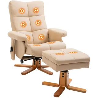 Homcom Relaxsessel mit Liegefunktion Massagesessel mit Fußhocker Polyester Cremeweiß , Champagner , Holz , Füllung: Schaumstoff,Schaumstoff , 86x99x80 cm , Wohnzimmer, Sessel, Relaxsessel