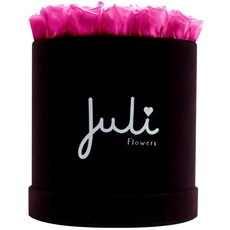 Juli Flowers Rund Rosenbox mit Infinity Rosen | Handgefertigte Flowerbox aus Deutschland in Small Velvet Dunkellila/Schwarz Rund (Pink - 18 Rosen)