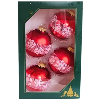 Dekohelden24 Lauschaer Christbaumschmuck - 4er Set Kugeln, Christbaumkugeln Lauscha, Glaskugeln, Weihnachtsbaumkugeln im Schneekristalldesign in Rot, aus Lauscha 7 cm, mit goldenem Krönchen.