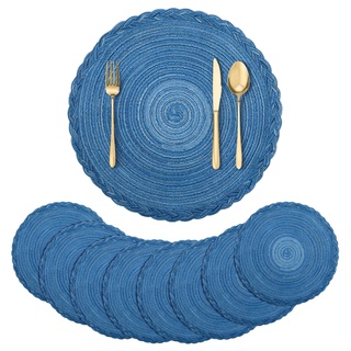 fanquare Runde Platzsets 8er Set Hitzebeständige Geflochtene Platzsets für Küchentisch 38cm Blau Runde Waschbare Tischsets