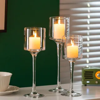 Romadedi Teelichthalter Glas Kerzenständer Kerzenhalter - Elegantes Kerzenglas Hoch Für Teelichter Stumpenkerzen Teelichthalter Für Tischdeko Esstisch Hochzeit Party 3er Set, 20/23/26cm